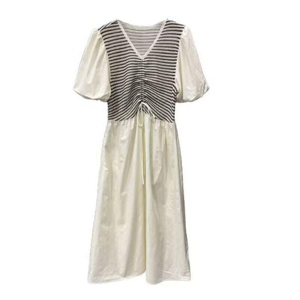 Summer New Korean Fashion Puff Short Sleeve V-Neck Striped Patchwork Maternity Dress_ecoleips.com