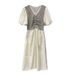 Summer New Korean Fashion Puff Short Sleeve V-Neck Striped Patchwork Maternity Dress_ecoleips.com
