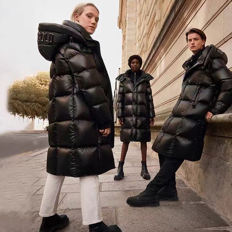 Women's Clothing Black Gold Shiny Long Puffer Coat Winter Warm Hooded Jacket With High Collar, Oversized Pocket, Zipper Closure (S-2XL)_ecoleips.com