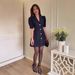 Women's Short Sleeve Tweed A-Line Dress With High Waist For Casual Office Wear In Navy Black Burgundy_ecoleips.com