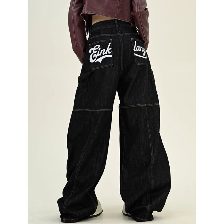 Women's High Waist Straight Leg Jeans - Large Size Loose BF American Style Floor-Length Trousers With Pocket Letter Scimitar Design_ecoleips.com