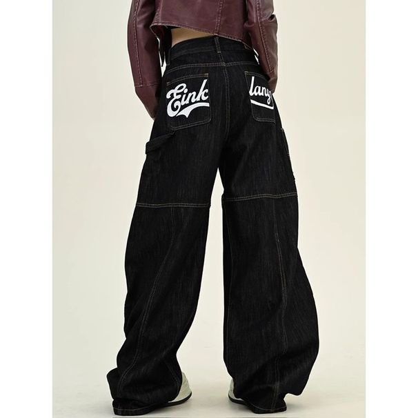 Women's High Waist Straight Leg Jeans - Large Size Loose BF American Style Floor-Length Trousers With Pocket Letter Scimitar Design_ecoleips.com