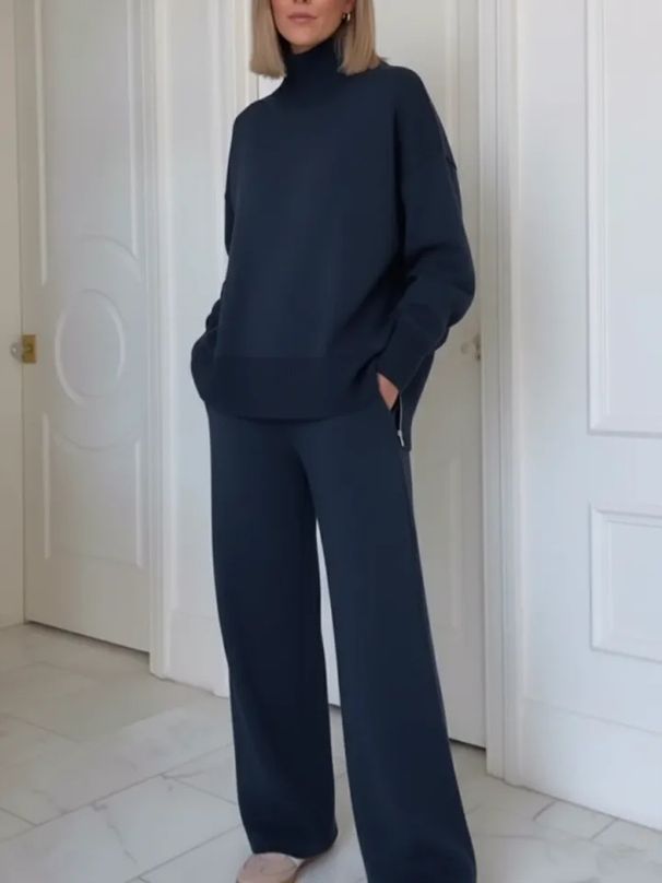 Minimalist Workwear Set - Long Sleeve Knit Top + Relaxed Pants, Breathable Stretch Fabric For Office & Weekend Errands (Gray/Red/Navy, S-XXXL)_ecoleips.com