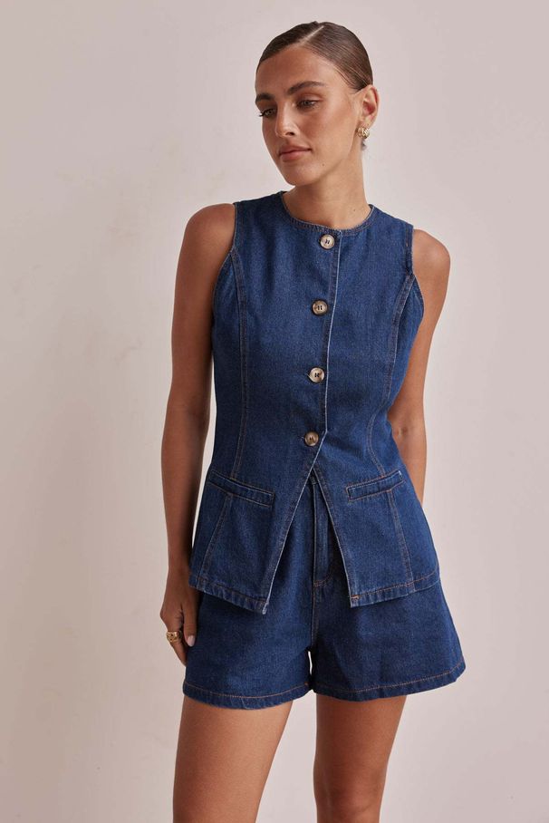 Spring and Summer European and American Fashion Sleeveless Waist High Waist Loose Denim Shorts Set_ecoleips.com