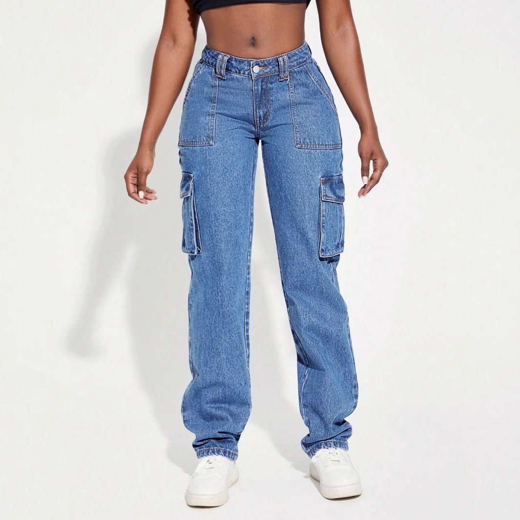 2025 new cross border foreign trade American retro mid waist multi pocket workwear jeans for women casual straight pants_ecoleips.com