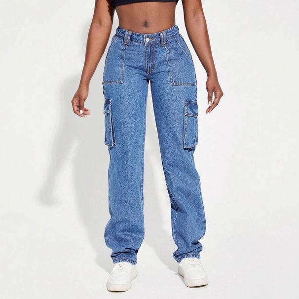 2025 new cross border foreign trade American retro mid waist multi pocket workwear jeans for women casual straight pants_ecoleips.com