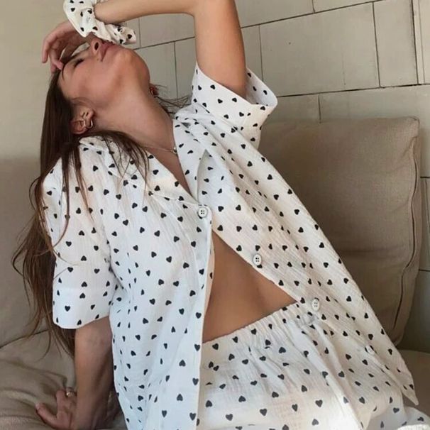 Ladies Soft Pure Cotton Pajamas Set Love Printed Two Piece Comfortable Shorts Autumn Fashion Home Clothes European American Style_ecoleips.com