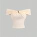 Voya Women's Clothing Niche Off Shoulder Short Sleeved Top In Off The Shoulder Off White Color, Fashion Metal Buckle Slim Fit Cropped Short T-shirt_ecoleips.com