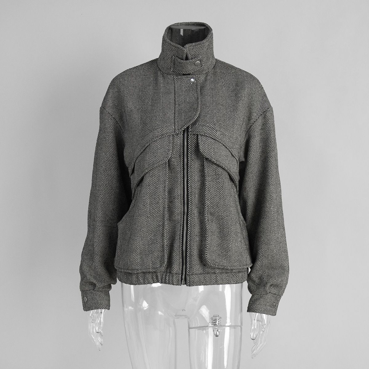 Women's Herringbone Stand Collar Jacket European American Style Zip Up Top With Pockets Loose Wool Coat Autumn Winter_ecoleips.com