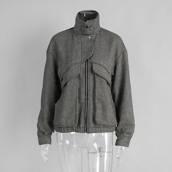 Women's Herringbone Stand Collar Jacket European American Style Zip Up Top With Pockets Loose Wool Coat Autumn Winter_ecoleips.com