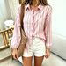 Striped Women's Shirt Loose Fitting Slimming Blouse Ruffled Trim Top for Business Casual Wear_ecoleips.com