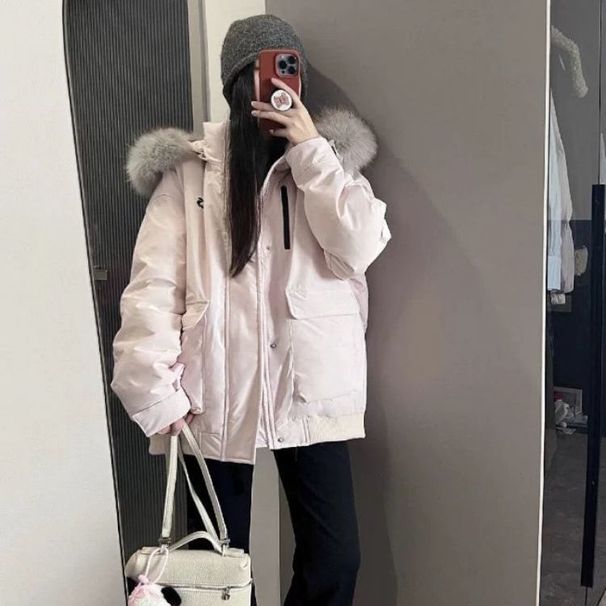 girl Pink Korean Style Loose Slimming Workwear Cotton Jacket For Women 2025 Winter New Design Couple Thickened Parka_ecoleips.com