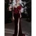 Burgundy Velvet Evening Dress – Strapless Princess Ball Gown With Bow For Banquet & Hosting (XS-XXL)_ecoleips.com