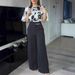 Women's Clothing Retro Black Satin Full Body Floral Trumpet Sleeve Top Suit High Waist Casual Commuter Trousers_ecoleips.com