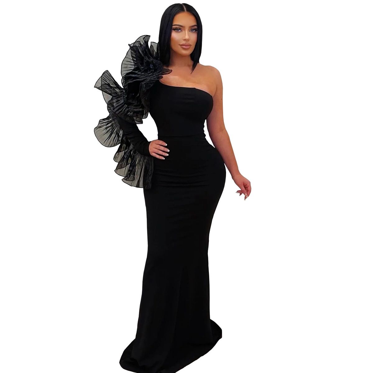 Elegant Floral Lace Sleeve Bodycon Dress For Women - Slim Fit Long Fish Tail Evening Gown With Slash Neckline - Black & Wine Red_ecoleips.com