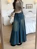 Washed Denim For Women 2025 New Autumn High Waist Slimming A-line Large Hem Patchwork Long Skirt_ecoleips.com