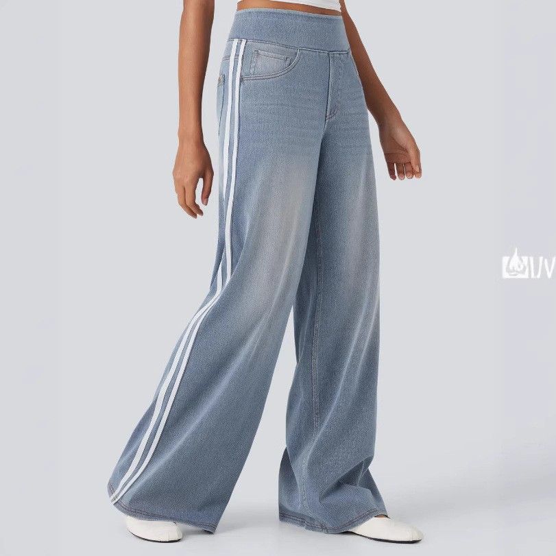 Women's Relaxed Straight-Leg Jeans With Double Stripes – Mid-Rise Wide-Leg Trousers In Grey & Sky Blue (Cotton Blend, XS-3XL)_ecoleips.com