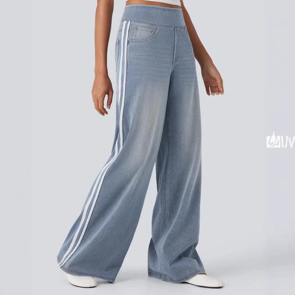 Women's Relaxed Straight-Leg Jeans With Double Stripes – Mid-Rise Wide-Leg Trousers In Grey & Sky Blue (Cotton Blend, XS-3XL)_ecoleips.com