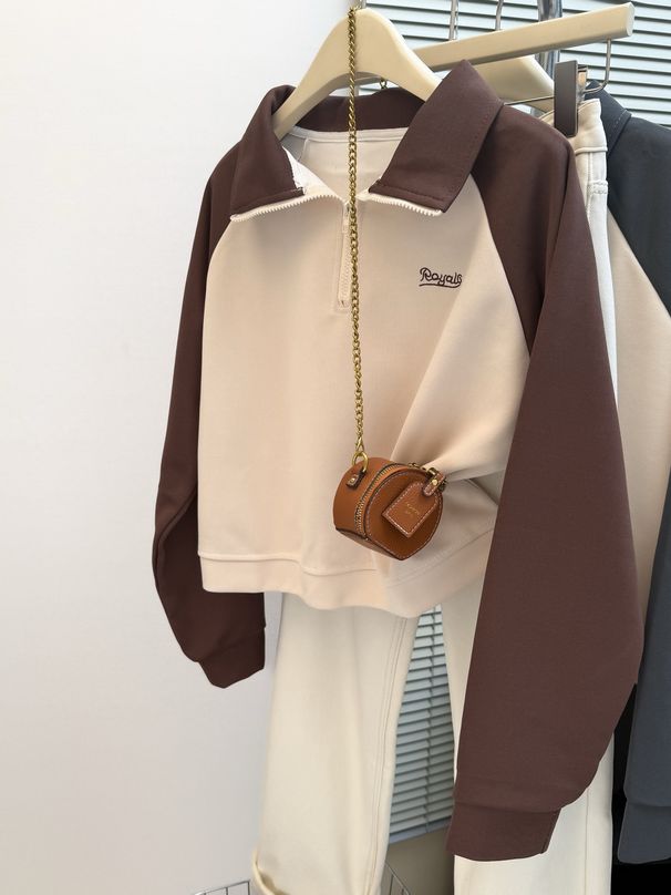European American Style Half-zip Polo Collar Sweatshirt For Women, Spring And Autumn Wear, Loose Fit, Korean Style,_ecoleips.com