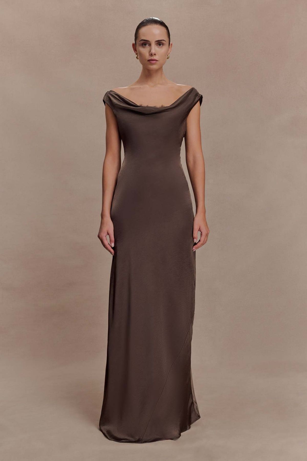 Women Elegant Satin Maxi Dress High Waist Cowl Neck Lace Detail Slim‑Fit Formal Wedding Guest Cocktail Banquet Party Evening Gown_ecoleips.com