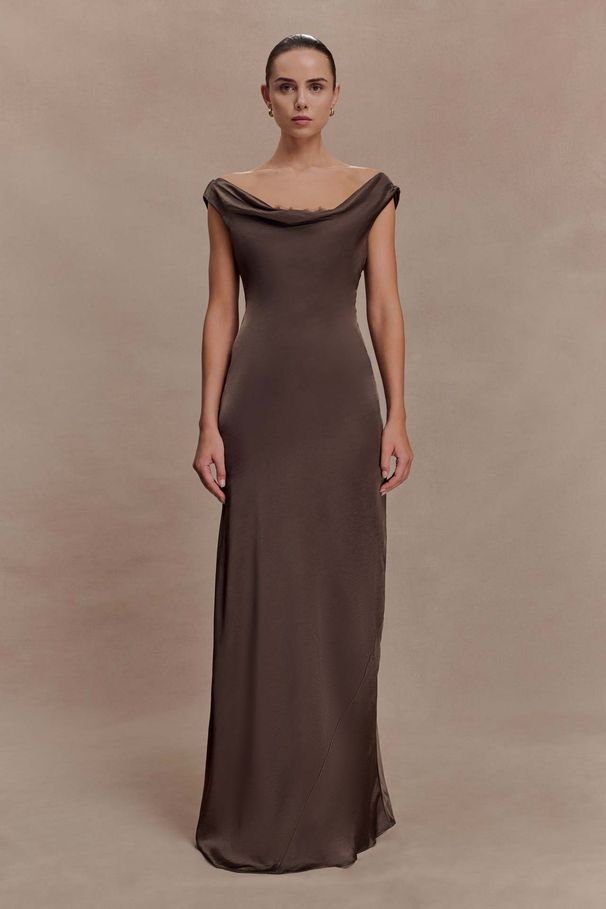 Women Elegant Satin Maxi Dress High Waist Cowl Neck Lace Detail Slim‑Fit Formal Wedding Guest Cocktail Banquet Party Evening Gown_ecoleips.com