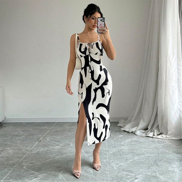 Voya Foreign Trade Women's Fashion 2026 Spring Summer New Style Elegant Intellectual Cow Print Strap Midi Dress_ecoleips.com