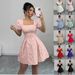 Women's Clothing Summer Elegant Jacquard Dress Slim Fit Square Neck Puff Sleeve A-Line American Style Solid Color_ecoleips.com
