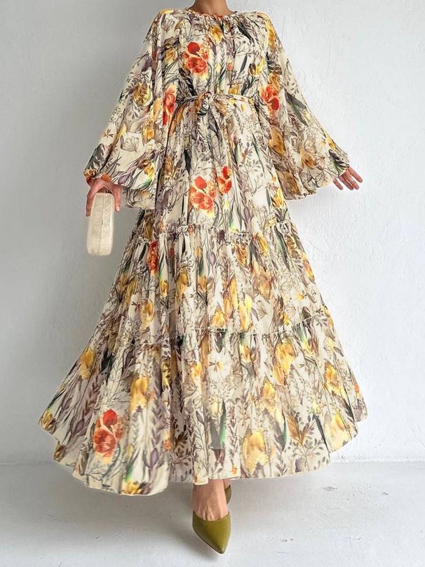 Women's Clothing Middle East Popular Flower Print Long Sleeve Fashionable Temperament Muslim Dress_ecoleips.com