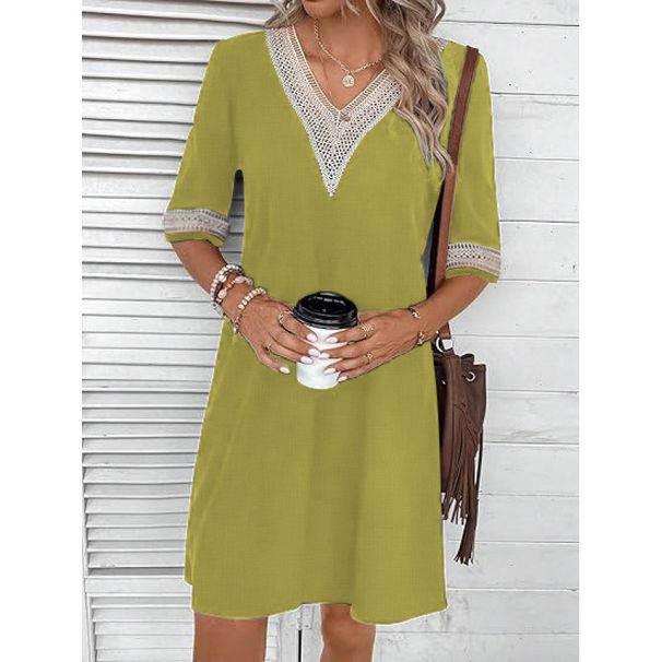 Women's Clothing Lace V Neck Mid Sleeve Loose Casual Dress_ecoleips.com