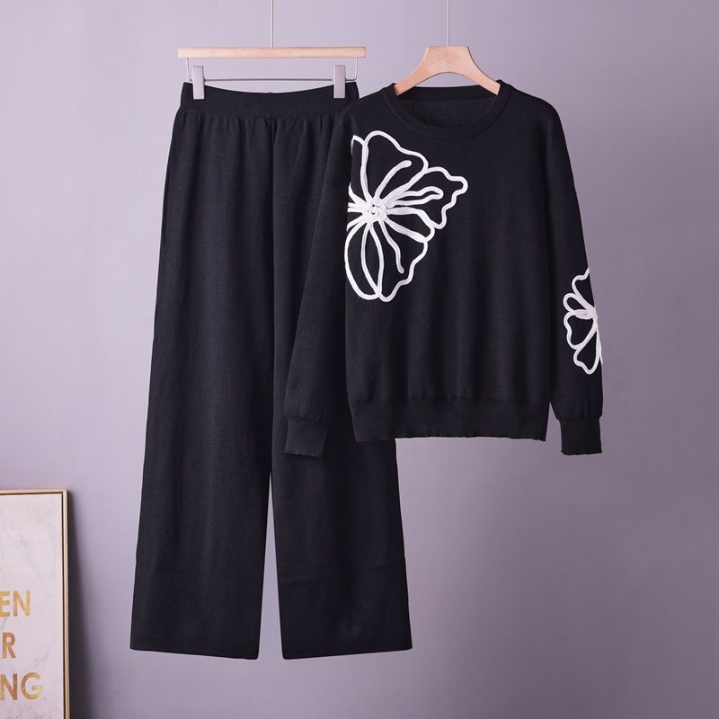 Cross-Border European And American Foreign Trade Elegant Knitted Round Neck Embroidered Sweater + Loose Casual Wide-Leg_ecoleips.com