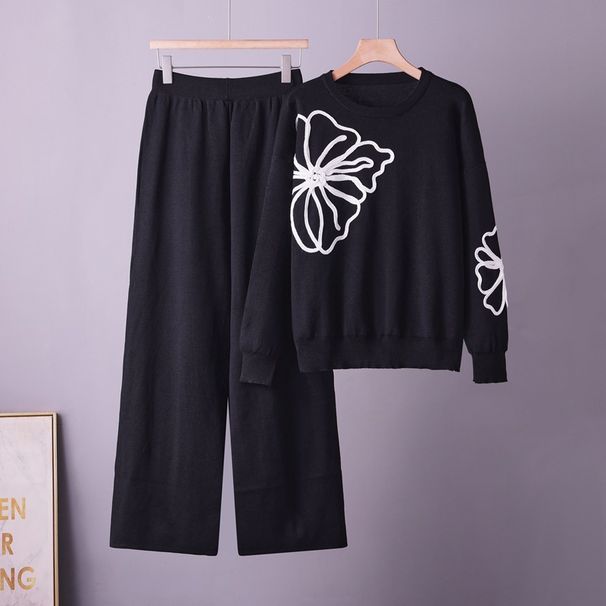 Cross-Border European And American Foreign Trade Elegant Knitted Round Neck Embroidered Sweater + Loose Casual Wide-Leg_ecoleips.com