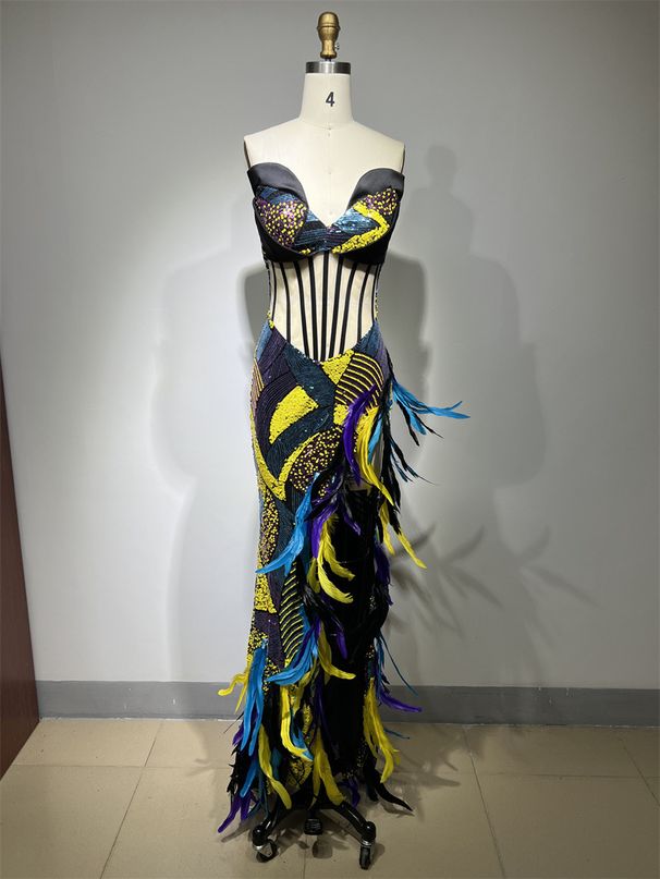 Cross-border Heavy-duty Sequin Embroidered Colorful Feather High-slit Strapless Dress, Luxurious Red Carpet Banquet_ecoleips.com
