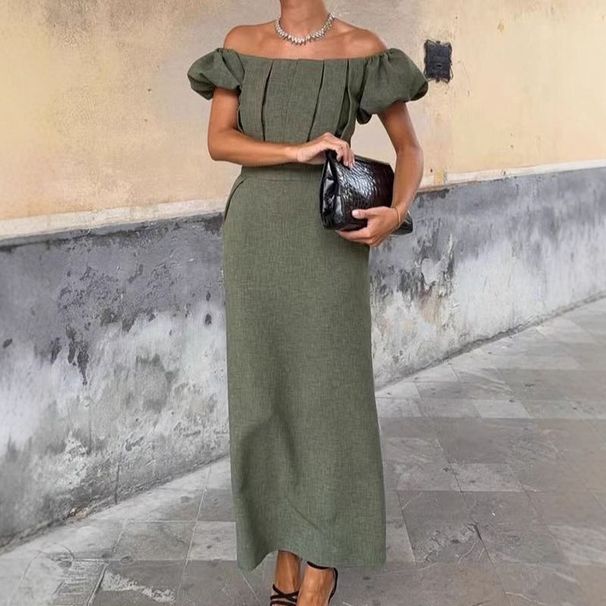 Summer Fashion Off Shoulder High Waist Banquet Dress Simple Casual Maxi Dress Office Temperament Puff Sleeve Women's Long Dress_ecoleips.com