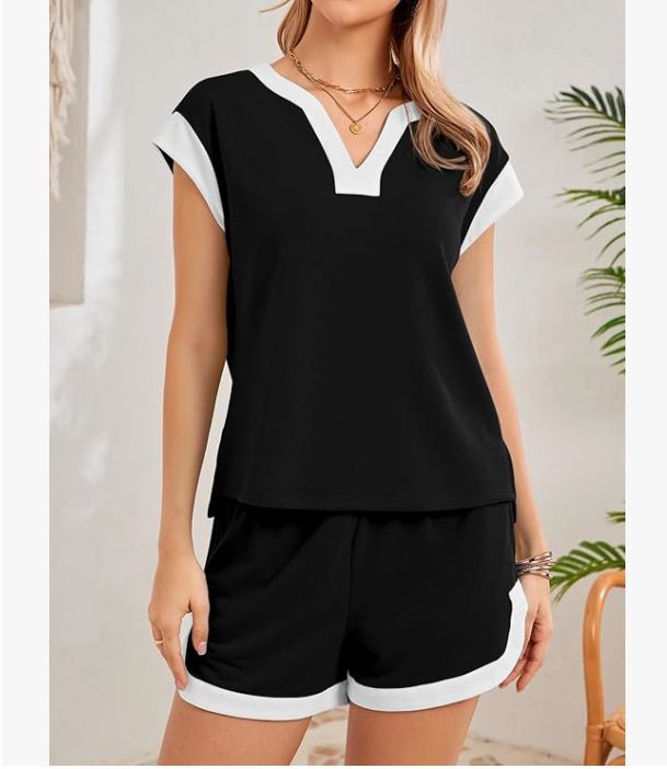 Summer Women's Casual Set V Neck Short Sleeved Color Block Striped Fashion Two Piece Shorts_ecoleips.com