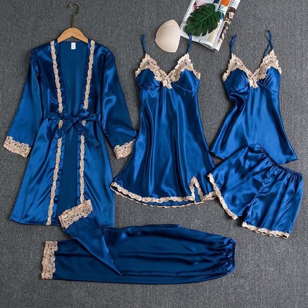Women's Clothing ladies' pajamas bra pads Gold five piece set simulated silk dress sexy suspender skirt long sleeved nightgown home clothes_ecoleips.com