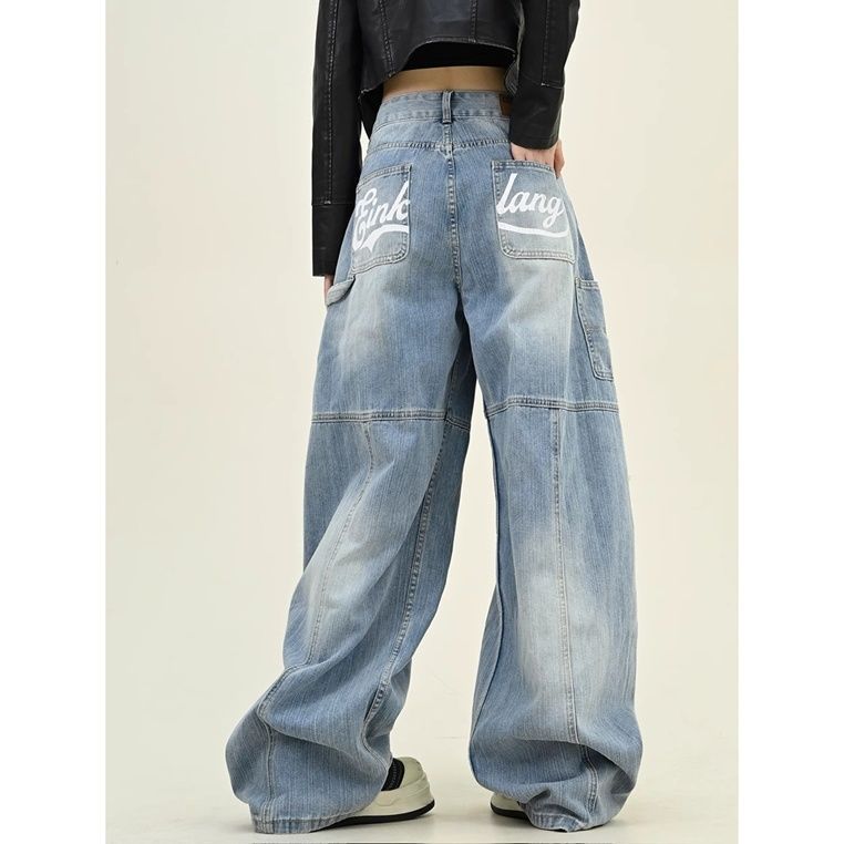 Women's Washed Retro Jeans - Loose BF Fit Wide Leg Casual Pants With Scimitar Design (High Street Style)_ecoleips.com