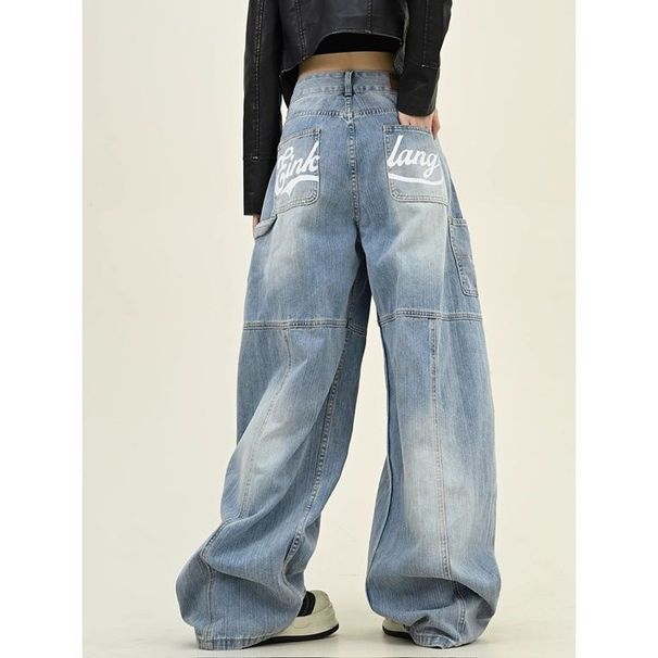 Women's Washed Retro Jeans - Loose BF Fit Wide Leg Casual Pants With Scimitar Design (High Street Style)_ecoleips.com