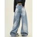 Women's Washed Retro Jeans - Loose BF Fit Wide Leg Casual Pants With Scimitar Design (High Street Style)_ecoleips.com