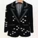 In-stock European American Cross-border Spring And Autumn Velvet Heavy-duty Hand-sewn Beaded Bee Print Mid-length Blazer_ecoleips.com