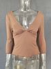 JULISSA MO Sexy Deep V-neck Side Slit Women T-shirt Apricot Short Sleeve Y2k Short T-shirt Female Spring Slim Casual Streetwear_ecoleips.com