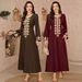 Muslim Dress Women "Luxury Gold-Embroidered Kaftan Dress – Elegant Middle Eastern Jalabiya With Belt (Burgundy/Brown, S-4XL)"_ecoleips.com
