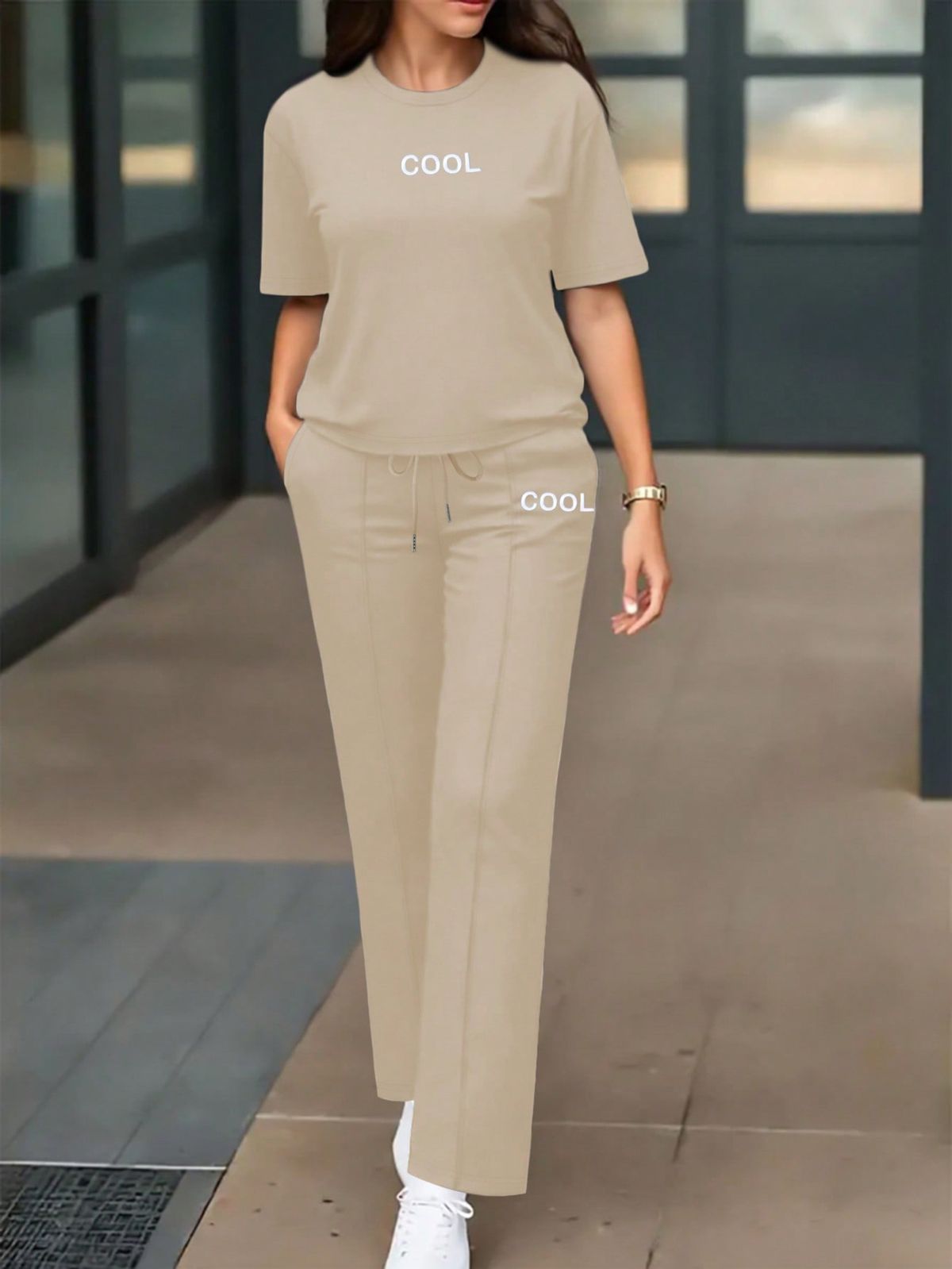Spring/Summer Women's Two Piece Set Round Neck Short Sleeve T-Shirt With Unique Letter Print High-Waisted Drawstring Straight Leg Pants_ecoleips.com