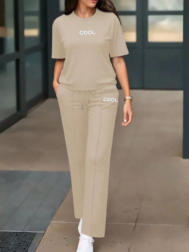 Spring/Summer Women's Two Piece Set Round Neck Short Sleeve T-Shirt With Unique Letter Print High-Waisted Drawstring Straight Leg Pants_ecoleips.com