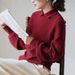 girl 「White Drawing」Wool Retro French Waffle Knit Puff Sleeve New Year Christmas Red Sweater_ecoleips.com