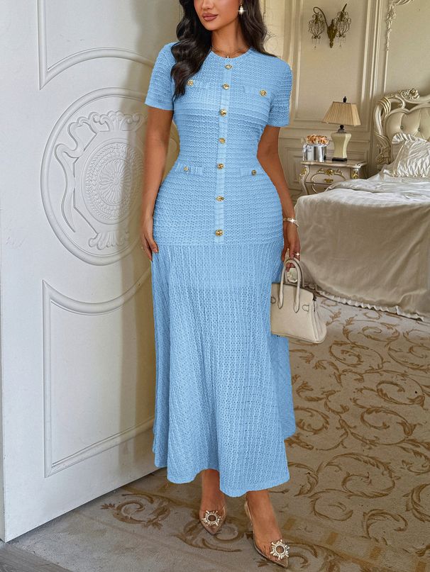 Cross-border European American Style Elegant Solid Color Short-sleeved Bodycon Dress Women's Clothing 2025 Autumn And_ecoleips.com