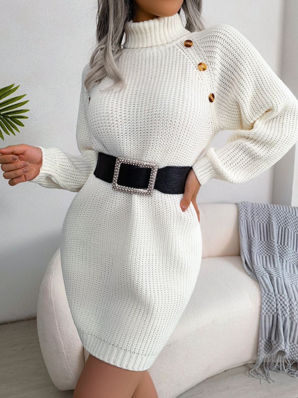 Casual Button Turtleneck Long Sleeve Bottom Sweater Skirt Women's Clothing_ecoleips.com