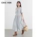 CHIC VEN Women Dresses Blue A Line Solid Short Sleeve Mushroom Lace Waist Adjustable Long Ladies Pullover Dress Summer 2026_ecoleips.com
