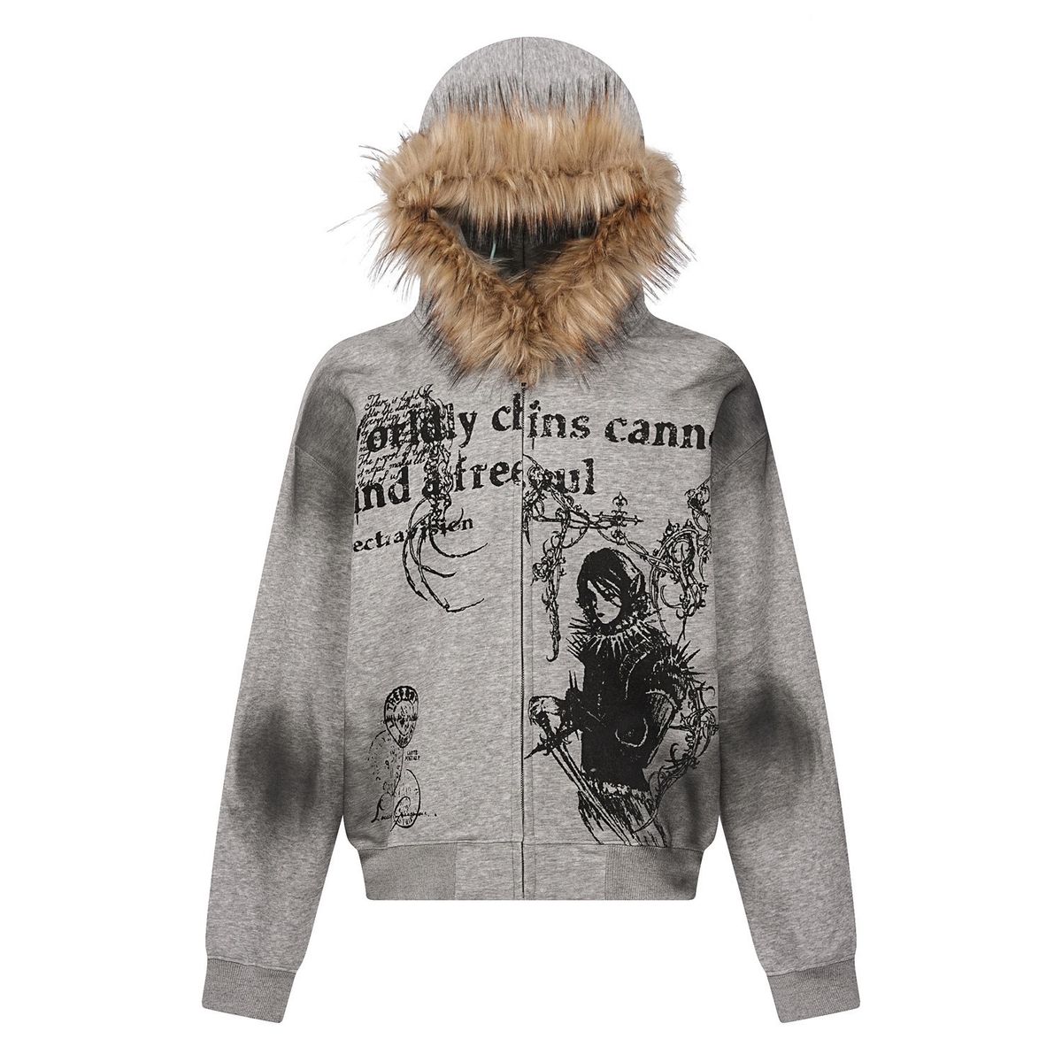 Vintage Distressed Hoodie With Faux Fur Trim – Unisex Streetwear Pullover, Oversized Fit, Letter Print, Retro Style (Black/Grey)_ecoleips.com