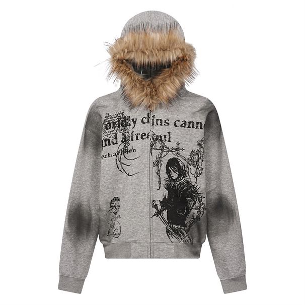 Vintage Distressed Hoodie With Faux Fur Trim – Unisex Streetwear Pullover, Oversized Fit, Letter Print, Retro Style (Black/Grey)_ecoleips.com