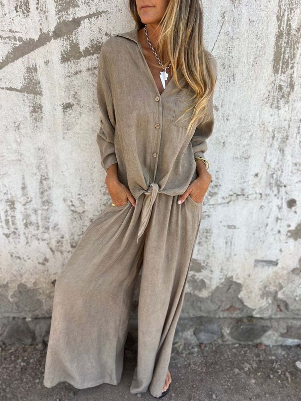 European And American Cross-Border 2025 Women's Clothing Commuting Long-Sleeve Shirt Casual Loose Pants Set Plus_ecoleips.com